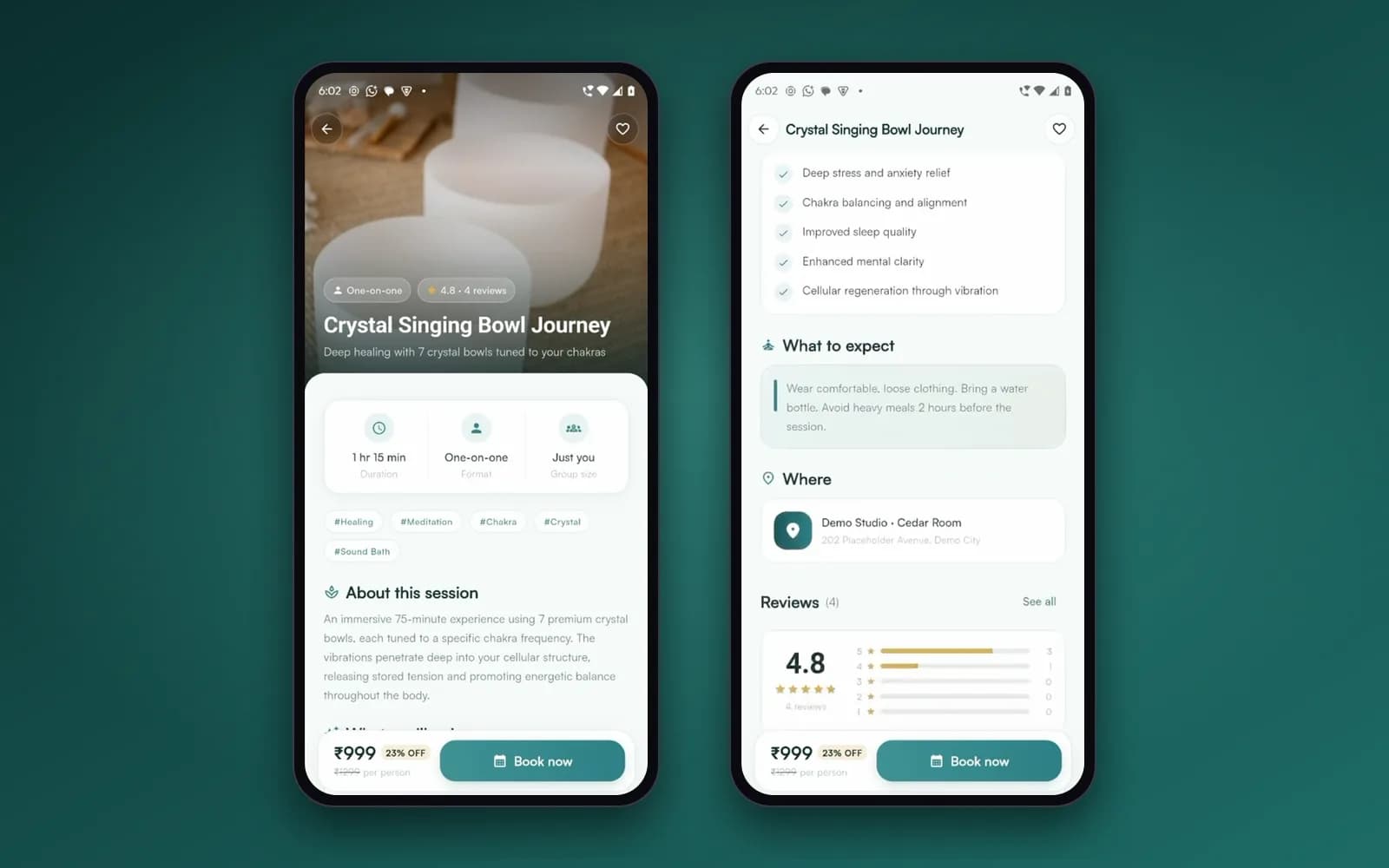 SoundTherapy Booking App (Android & iOS) — Session information and reviews