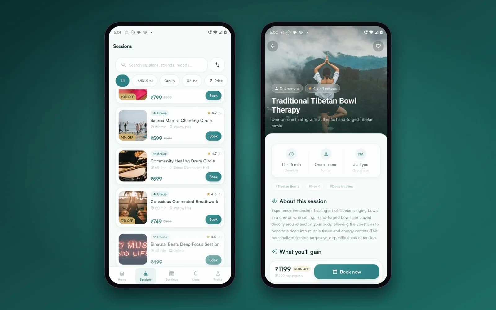 SoundTherapy Booking App (Android & iOS) — Browse and session details