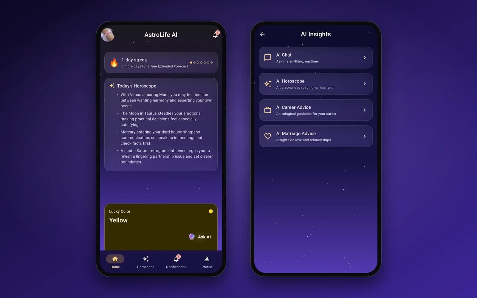AstroLife AI App (Android & iOS) — Home and AI insights